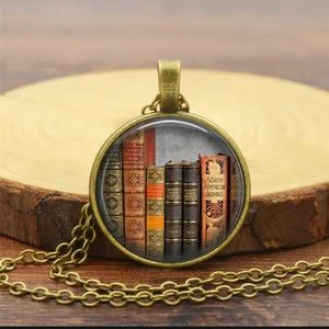 Books Glass Cabochon Brass Necklace